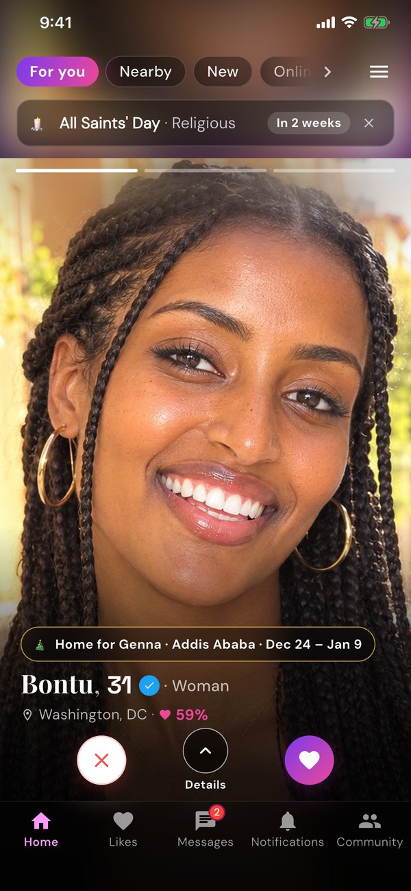 A profile card in Jalalle with the badge “Home for Genna · Addis Ababa · Dec 24 – Jan 9” and a 59% match score.