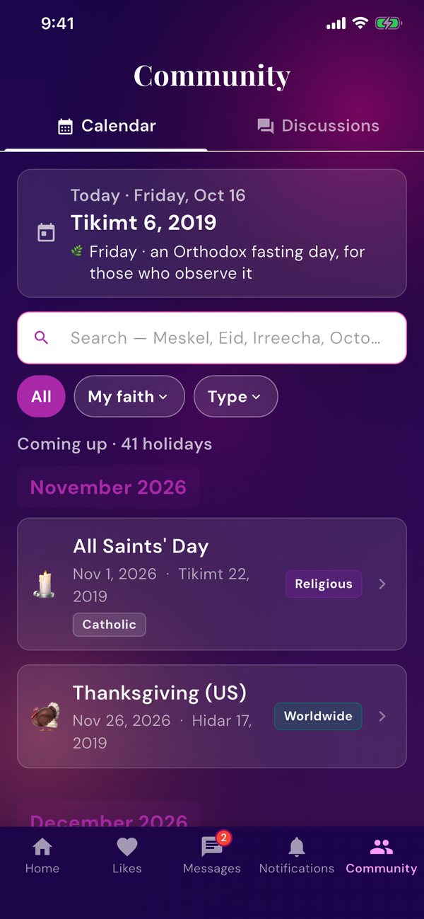 The Jalalle community calendar: today's date in the Ethiopian calendar, a search box, and upcoming holidays.